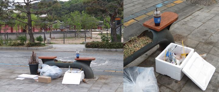 [수원=뉴시스] 염지윤 인턴기자 = 상인이 점포 앞에 내놓은 재활용 쓰레기 위로 버려진 플라스틱 컵들 2026.04.29 *재판매 및 DB 금지