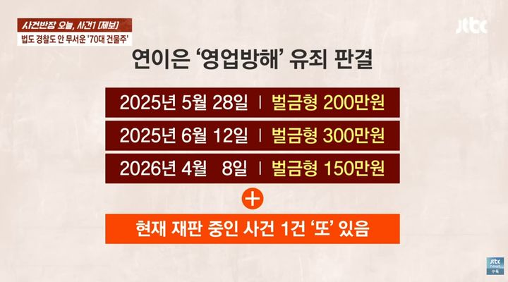 [서울=뉴시스] 부산 수영구에서 건물주에게 '갑질'에 시달린 카센터 겸 세차장 주인의 사연이 공개됐다. 건물주는 업무 방해로 벌금형을 선고받았지만, 개의치 않는 것으로 알려졌다. (사진=JTBC '사건반장' 유튜브 캡처) *재판매 및 DB 금지