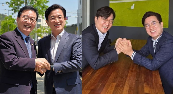 [대전=뉴시스] 조명휘 기자 = 더불어민주당 허태정 대전시장 후보가 경선을 펼쳤던 장종태(서구갑)·장철민(동구) 국회의원을 차례로 만나 '원팀'을 구성하기로 하고 손을 맞잡고 있다. (사진= 허 후보 제공) *재판매 및 DB 금지