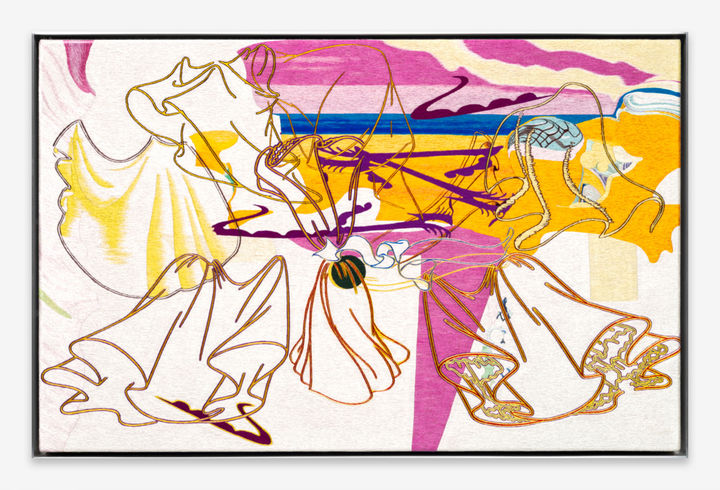 함경아 〈유령 그리고 지도 / 시 05WBXS01V3〉2018–2024 North Korean hand embroidery, silk threads on cotton, middle man, smuggling, bribe, tension, anxiety, censorship, ideology, wooden canvas, aluminum frame 44.5 x 70 cm Courtesy of the artist and Kukje Gallery사진: 전병철 이미지 제공: 국제갤러리 *재판매 및 DB 금지