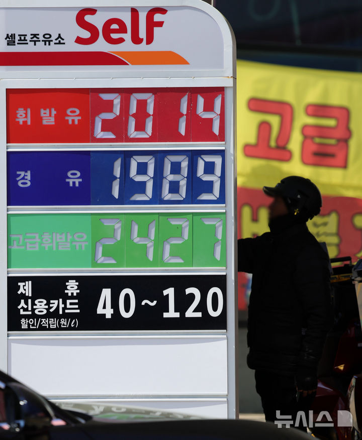 [서울=뉴시스] 홍효식 기자 = 국내 주유소 기름값이 리터당 2000원을 넘어선 가운데 5일 서울 시내 주유소에 유가 정보가 표시돼 있다. 한국석유공사 유가정보시스템을 오피넷에 따르면 이날 오전 11시 기준 전국 주유소 휘발유 평균 가격은 리터당 2,011.30원으로 어제보다 0.26원 올랐다. 경유는 리터당 2005.17원으로 어제보다 0.04원 내렸다. 2026.05.05. yesphoto@newsis.com