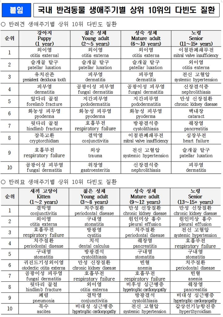 [세종=뉴시스] 농림축산식품부와 농촌진흥청은 6일 국내 연구진이 전국 동물병원 의료데이터를 활용해 반려동물 생애주기별 주요 질병 특성을 분석한 연구 결과를 발표했다. (자료 = 농식품부 제공) 2026.05.06. *재판매 및 DB 금지