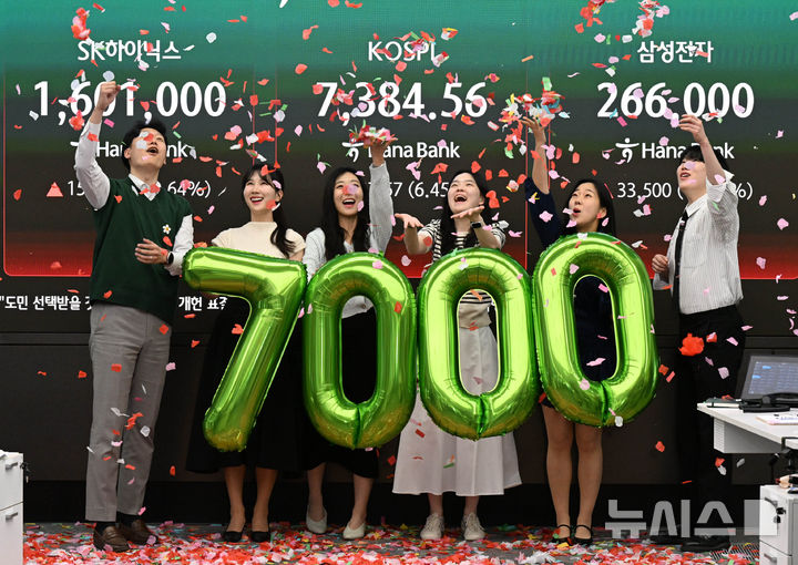 코스피 사상 첫 7,000선을 넘긴 5월 첫 주 서울 중구 하나은행 딜링룸 전광판