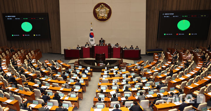 [서울=뉴시스] 김금보 기자 = 7일 서울 여의도 국회에서 열린 제435회국회(임시회) 제1차 본회의에서 생명안전기본법안(수정, 박주민의원ㆍ한창민의원ㆍ용혜인의원 대표발의)이 가결되고 있다. 2026.05.07. kgb@newsis.com