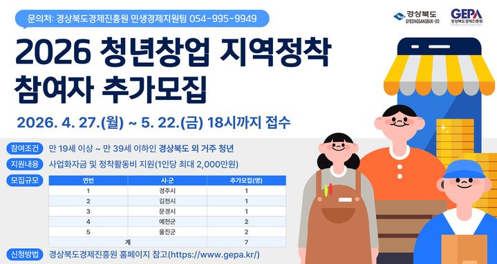 경북도의 청년창업 지역정착 참여자 추가모집 포스터 *재판매 및 DB 금지
