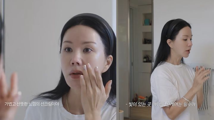[서울=뉴시스] 가수 겸 배우 엄정화(56)가 피부 관리 비법으로 선크림을 바르는 모습을 공개했다. (사진=유튜브 'Umazing 엄정화TV' 캡처) *재판매 및 DB 금지