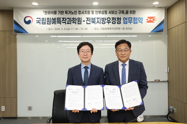 [세종=뉴시스]김대현 농촌진흥청 국립원예특작과학원장과 구본준 전북지방우정청장이 8일 전북 완주 과학원에서 '마음 이음 반려식물 보급 사업' 업무 협약을 체결하고 협약서를 들어보이고 있다. (사진= 농촌진흥청 제공) *재판매 및 DB 금지