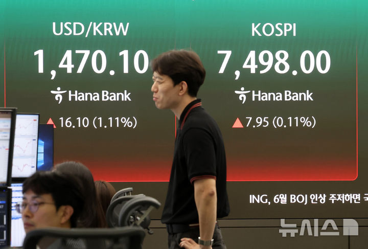 코스피가 사상 최고치 7,498로 마감한 5월 8일 서울 중구 하나은행 딜링룸 전광판