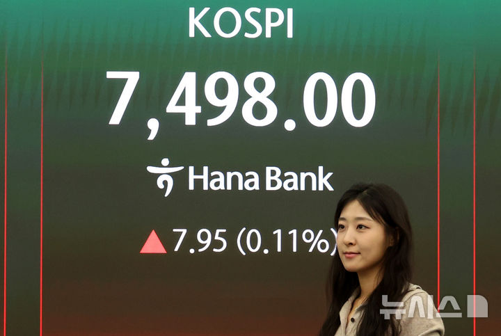 [서울=뉴시스] 이영환 기자 = 코스피가 사상 최고치로 마감한 8일 오후 서울 중구 하나은행 딜링룸 전광판에 종가가 표시되어 있다.이날 코스피는 전 거래일(7490.05)보다 7.95포인트(0.11%) 상승한 7498.00, 코스닥 지수는 전 거래일(1199.18)보다 8.54포인트(0.71%) 오른 1207.72에 거래를 마쳤다. 서울 외환시장에서 원·달러 환율은 전 거래일 주간거래 종가(1454.0원)보다 17.7원 오른 1471.7원에 주간 거래를 마감했다. 2026.05.08. 20hwan@newsis.com