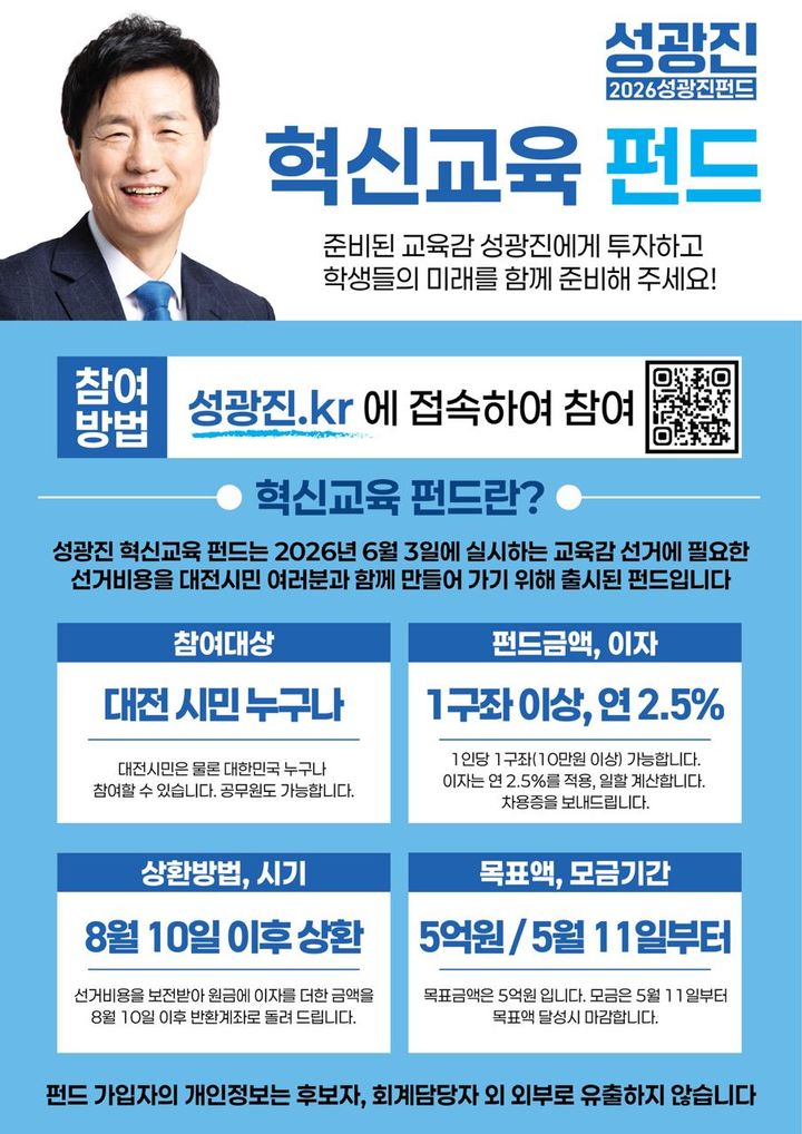 [대전=뉴시스] '성광진 혁신교육 펀드' 출시 포스터. (사진=성광진 후보 캠프 제공) 2026.05.10. photo@newsis.com *재판매 및 DB 금지
