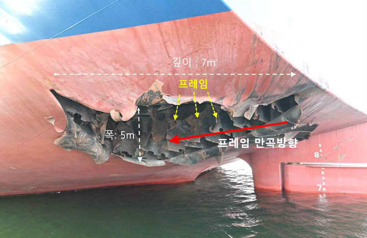 [서울=뉴시스] 외교부는 10일 "호르무즈 해협에 정박중이던 HMM 나무호 관련 정부 합동 조사단이 현장 조사를 지난 8일 실시했다"며 "조사 결과 지난 4일 미상의 비행체가 HMM 선미를 타격한 것으로 확인됐다"고 밝혔다. 박일 외교부 대변인은 이날 브리핑에서 "CCTV 영상에 해당 비행체가 포착됐으나 발사 주체 정확한 기종 및 물리적 크기 등을 확인하기에는 제약이 있는 상황"이라며 "현장에서 수거된 비행체 엔진 잔해 등을 추가 분석할 예정"이라고 말했다. 사진은 미상의 비행체 타격으로 훼손된 나무호 선미 외판 모습. (사진=외교부 제공) 2026.05.10. photo@newsis.com *재판매 및 DB 금지