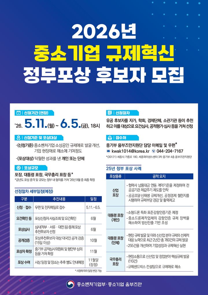 [서울=뉴시스] '2026년 중소기업 규제 혁신 정부포상' 추천 후보자 모집. (사진=중소기업 옴부즈만 제공) 2026.05.11. photo@newsis.com *재판매 및 DB 금지