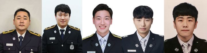 [부산=뉴시스] 터널 화재 현장을 진압한 5명의 소방관들인 소방위 전태을·허정필, 소방장 전현동·원종욱, 소방교 허세민. 2026.05.12. photo@newsis.com *재판매 및 DB 금지
