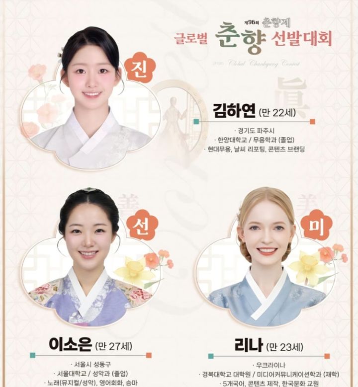 [서울=뉴시스] 제96회 글로벌 춘향 선발대회 주요 수상자 명단. 올해 대회는 74년 만에 국적 제한을 폐지하며 우크라이나 출신 리나(오른쪽 하단) 씨 등 외국인 수상자를 배출해 화제를 모았다. (사진 출처=미스춘향선발대회 공식홈페이지)