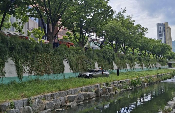 [대구=뉴시스]대구시 수성구 지산동에서 차량이 하천 둔치로 추락해 2명이 병원으로 옮겨졌다. (사진 = 대구소방안전본부 제공) 2026.05.12. photo@newsis.com *재판매 및 DB 금지