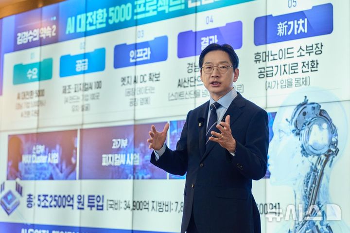 [창원=뉴시스]더불어민주당 김경수 경남도지사 후보가 12일 오후 경남사회적경제혁신타운 내 카페에서 '산업대전환 공약'으로 소형모듈원자로(SMR)·방산·우주항공·조선해양·전력기기 5대 주력산업 세계 1등 전략을 발표하고 있다.(사진=김경수후보 선거사무소 제공) 2026.05.12. photo@newsis.com
