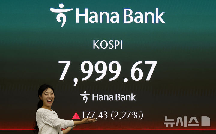 [서울=뉴시스] 김혜진 기자 = 코스피가 전 거래일(7822.24)보다 131.17포인트(1.68%) 상승한 7953.41에 개장한 12일 오전 서울 중구 하나은행 딜링룸 전광판에 지수가 표시 되고 있다.&nbsp; 코스닥 지수는 전 거래일(1207.34)보다 7.56포인트(0.63%) 오른 1214.90에 거래를 시작했다. 원·달러 환율은 전 거래일 주간거래 종가(1472.4원)보다 2.6원 오른 1475.0원에 출발했다. 2026.05.12. jini@newsis.com