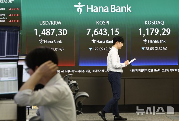 [서울=뉴시스] 김명년 기자 = 12일 오후 서울 중구 하나은행 딜링룸에서 딜러들이 업무를 보고 있다. 코스피는 전 거래일(7822.24)보다 179.09포인트(2.29%) 하락한 7643.15에 장을 마쳤다. 코스닥 지수는 전 거래일(1207.34)보다 28.05포인트(2.32%) 내린 1179.29에 거래를 종료했다. 서울 외환시장에서 원·달러 환율은 전 거래일 주간거래 종가(1472.4원)보다 17.5원 오른 1489.9원에 주간 거래를 마감했다. 2026.05.12. kmn@newsis.com