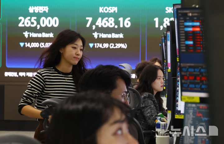 [서울=뉴시스] 전신 기자 = 코스피가 전 거래일(7643.15)보다 129.50포인트(1.69%) 하락한 7513.65에 개장한 13일 서울 중구 하나은행 딜링룸 전광판에 코스피와 삼성전자 주가가 표시돼 있다. 2026.05.13. photo1006@newsis.com