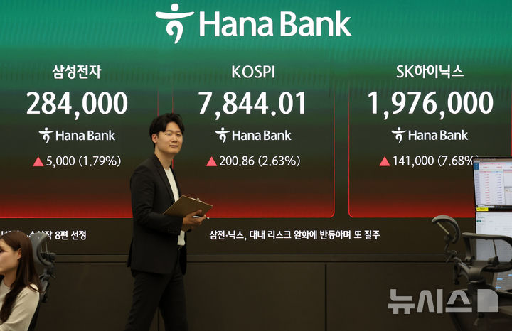 [서울=뉴시스] 배훈식 기자 = 코스피가 7844.01 포인트로 종가 기준 최고치를 경신한 13일 오후 서울 중구 하나은행 딜링룸 전광판에 삼성전자와 SK하이닉스가 각각 전 거래일보다 5000원, 14만1000원 오른 28만4000원, 197만6000원을 나타내고 있다. 2026.05.13. dahora83@newsis.com