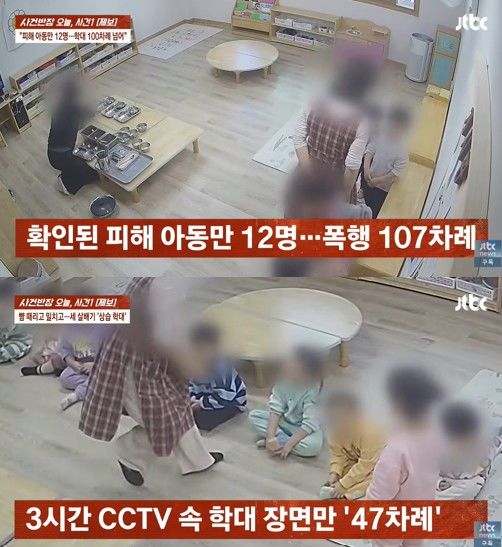 [서울=뉴시스] 검찰 조사 결과 해당 어린이집에서는 2개월간 12명의 아동을 대상으로 107차례의 폭행이 발생한 것으로 확인됐다. (사진 출처=유튜브 채널 'JTBC News' 사건반장 캡처)