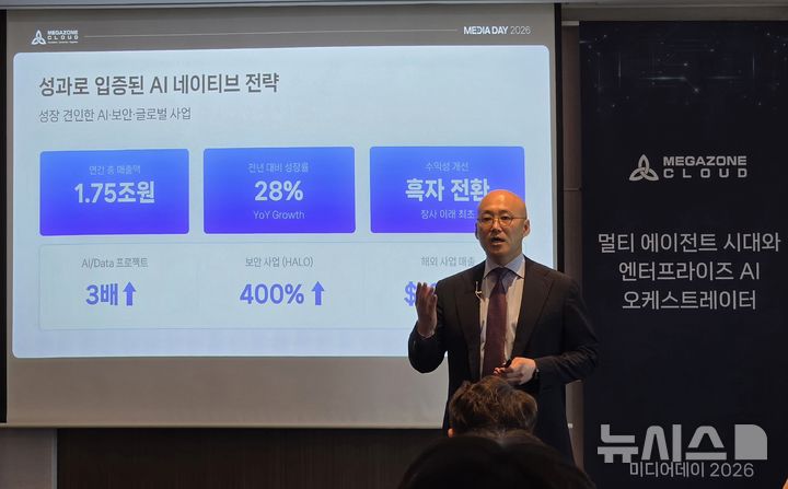 [서울=뉴시스]오동현 기자 = 염동훈 메가존클라우드 대표는 14일 서울 롯데호텔에서 기자간담회를 열고 '멀티 에이전트 시대와 엔터프라이즈 AI 오케스트레이터' 전략을 발표했다. odong85@newsis.com