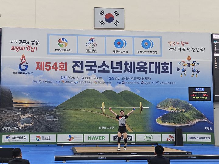 [고성(경남)=뉴시스] 신정철 기자= 경남 고성군은 오는 23일부터 26일까지 4일간 부산광역시 일원에서 개최되는 ‘제55회 전국소년체육대회’의 골프, 역도 2개 종목 경기를 유치하여 비예산으로 개최한다고 14일 밝혔다.사진은 지난해 고성역도경기장에서 개최된 소년체전 역도 경기 모습.(사진=고성군 제공).2026.05.14. photo@newsis.com *재판매 및 DB 금지