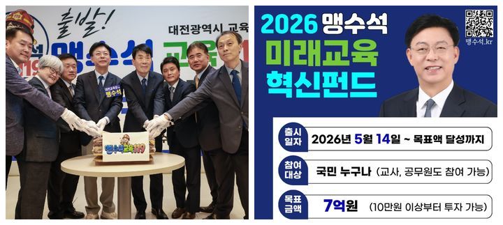 [대전=뉴시스] 맹수석 후보 선거대책위원회 '교육 119 안전캠프' 발대식(왼쪽) 기념촬영과 '맹수석 미래교육 혁신펀드' 출시 포스터. (사진=맹수석 후보 제공) 2026.05.14. photo@newsis.com *재판매 및 DB 금지