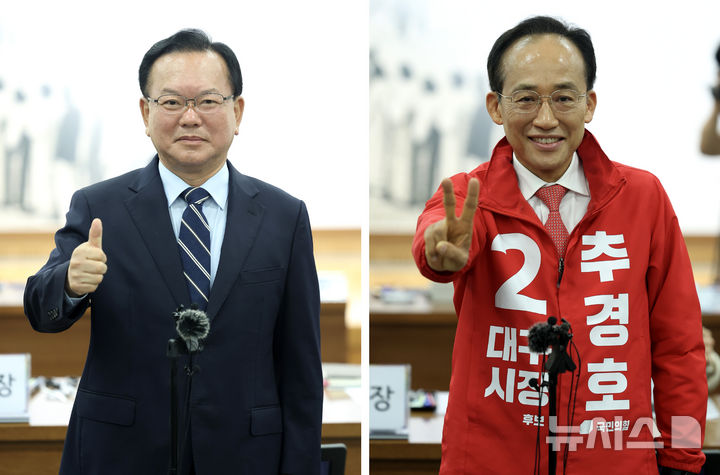 [대구=뉴시스] 이무열 기자 = 김부겸 더불어민주당 대구시장 예비후보와 추경호 국민의힘 대구시장 예비후보가 14일 오전 대구 서구 대구시선거관리위원회에서 6·3 지방선거 대구시장 후보자 등록을 마친 뒤 기념촬영을 하고 있다. 2026.05.14. lmy@newsis.com