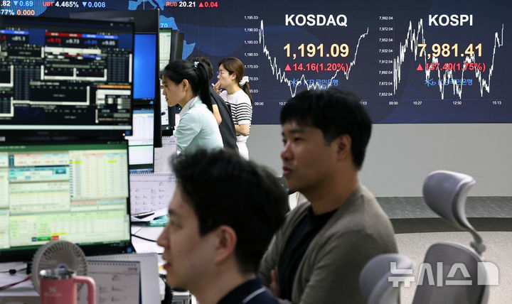 [서울=뉴시스] 김금보 기자 = 14일 서울 영등포구 여의도 KB국민은행 스마트딜링룸에서 직원들이 업무를 하고 있다.코스피는 전 거래일(7844.01)보다 137.40포인트(1.75%) 오른 7981.41에, 코스닥 지수는 전 거래일(1176.93)보다 14.16포인트(1.20%) 상승한 1191.09에 거래를 마쳤다. 서울 외환시장에서 원·달러 환율은 전 거래일(1490.6원)보다 0.4원 오른 1491.0원에 주간 거래를 마감했다. 2026.05.14. kgb@newsis.com