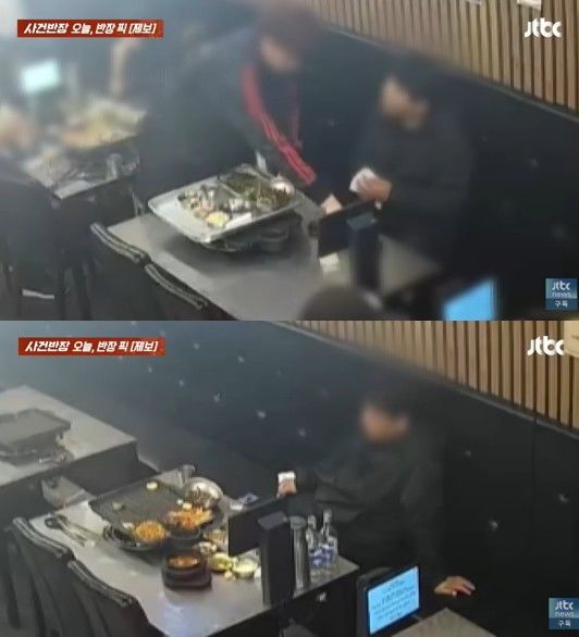 [서울=뉴시스] 제주시의 한 고깃집에서 오겹살과 소주를 즐긴 남성이 식사 직후 담배를 피우러 나가는 척하며 유유히 사라지고 있다. (사진 출처=유튜브 채널 JTBC '사건반장' 캡처)