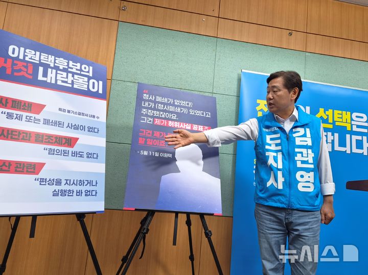 [전주=뉴시스] 김민수 기자= 무소속 김관영 전북자치도지사 후보가 15일 도의회 브리핑룸에서 내란특검 불기소 결정서에 담긴 내용을 설명하고 있다. 2026.05.15 leo@newsis.com *재판매 및 DB 금지