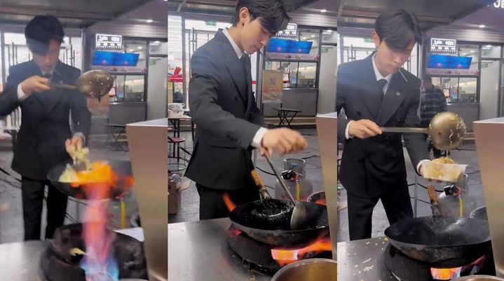 [서울=뉴시스] 중국 산둥성 옌타이의 한 야시장에서 단정한 정장 차림의 루가 화려한 손놀림으로 볶음밥을 조리하고 있다. (사진 출처=틱톡 캡처)