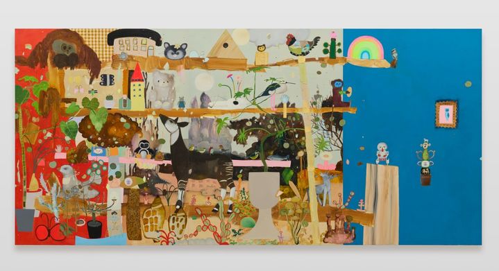 Tomoko Nagai, A Utopian Event, 2026, Oil, glitter on canvas, 227.7 × 489.7 cm (227.7 × 181.8 cm, 227.7 × 162.2 cm 227.7 × 145.7 cm). Courtesy of the artist and Perrotin. *재판매 및 DB 금지