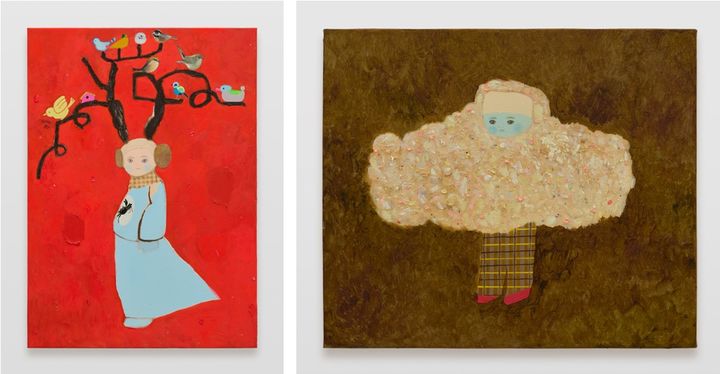 Left: Tomoko Nagai, Bird, Bird, 2026, Oil, glitter on canvas, 91.0 × 65.6 cm. Courtesy of the artist and Perrotin. Right: Tomoko Nagai, Mr. Little Fluffy, 2026, Oil, glitter on canvas, 45.5 × 53.4 cm. Courtesy of the artist and Perrotin. *재판매 및 DB 금지