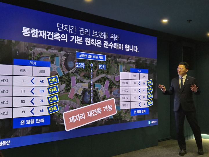 [서울=뉴시스] 정진형 기자 = 서울 서초구 잠원동 삼성물산 건설부문 신반포19·25차 홍보관에서 조합원에게 설명회를 진행하고 있다. 2026.05.15 formation@newsis.com *재판매 및 DB 금지