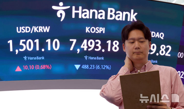 [서울=뉴시스] 전신 기자 = 코스피는 전 거래일(7981.41)보다 488.23포인트(6.12%) 내린 7493.18에, 코스닥 지수는 전 거래일(1191.09)보다 61.27포인트(5.14%) 하락한 1129.82에 거래를 마감한 15일 서울 중구 하나은행 딜링룸 전광판에 코스피 등이 표시돼 있다. 2026.05.15. photo1006@newsis.com