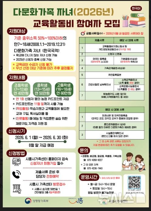 [시흥=뉴시스] 시흥시가 다문화가족 자녀 교육활동비를 지원한다. (안내문=시흥시 제공). 2026.05.18.photo@newsis.com