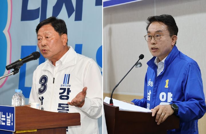 [남원=뉴시스] 남원시장선거 민주당 양충모 후보의 공약 표절의혹을 제기하는 조국혁신당 강동원 후보(왼쪽), 강동원 후보의 의혹 제기를 두고 "선넘는 도발행위"라 일축하는 양충모 후보(오른쪽). *재판매 및 DB 금지