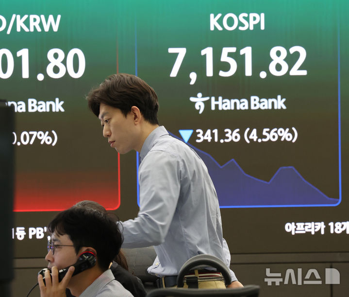 [서울=뉴시스] 박주성 기자 = 18일 오전 서울 중구 하나은행 딜링룸에서 딜러들이 업무를 하고 있다.코스피는 전 거래일(7493.18)보다 49.89포인트(0.67%) 하락한 7443.29에 개장했지만 장중 한때는 7151.82까지 하락해 전 거래일 대비 341.36포인트, 4.56% 급락했다. 2026.05.18. park7691@newsis.com