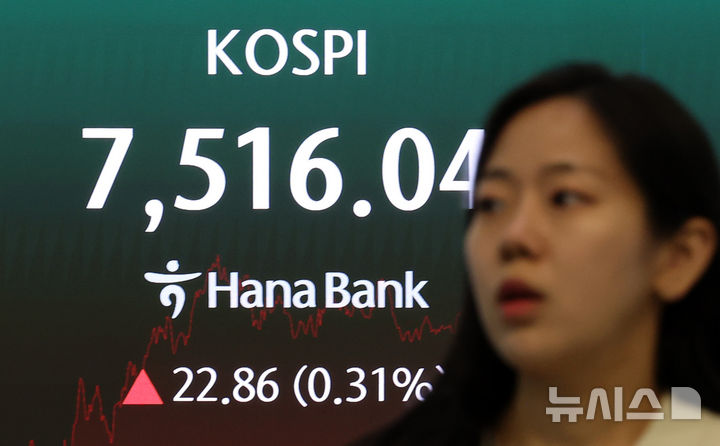 [서울=뉴시스] 이영환 기자 = 코스피가 전 거래일(7493.18)보다 22.86포인트(0.31%) 오른 7516.04에 마감한 18일 오후 서울 중구 하나은행 딜링룸 전광판에 종가가 표시되어 있다.코스닥 지수는 전 거래일(1129.82)보다 18.73포인트(1.66%) 하락한 1111.09, 서울 외환시장에서 원·달러 환율은 전 거래일(1500.8)보다 0.5원 내린 1500.3원에 주간 거래를 마감했다. 2026.05.18. 20hwan@newsis.com