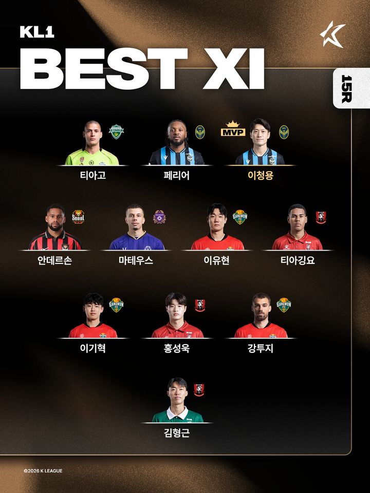 [서울=뉴시스] 프로축구 K리그1 2026시즌 15라운드 베스트 일레븐 이미지. (사진=한국프로축구연맹 제공) 2026.05.19. photo@newsis.com *재판매 및 DB 금지