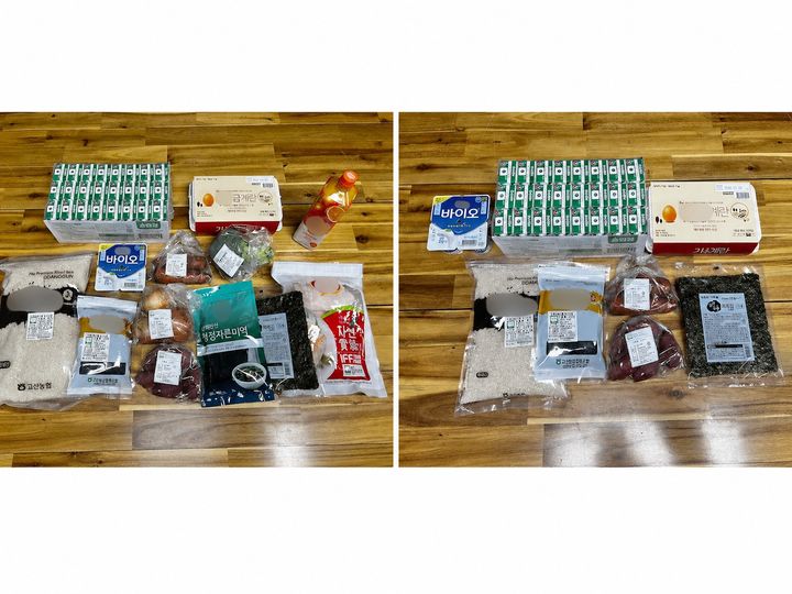 [서울=뉴시스]모유수유하는 산모 대상 보충식품 꾸러미(왼쪽)와 5세 미만 대상 보충식품 꾸러미. (사진=강서구 제공) 2026.05.19. photo@newsis.com *재판매 및 DB 금지