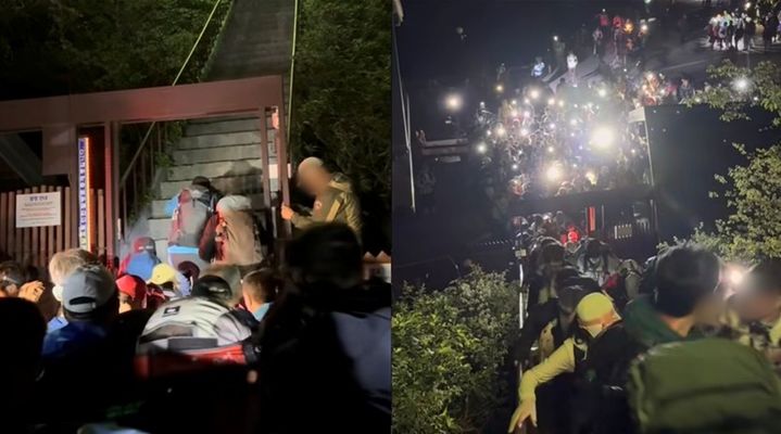 [서울=뉴시스] 설악산 고지대 탐방로 개방 첫날인 지난 16일, 많은 등산객이 입산을 위해 차례를 기다리며 길게 줄을 서 있다. (사진 출처=엑스 캡처)