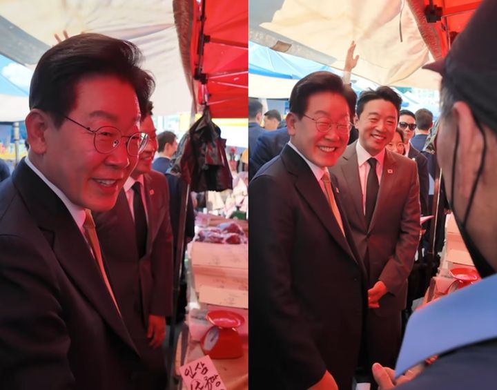 [서울=뉴시스] 성남 모란시장의 한 상인이 이재명 대통령에게 "덕분에 증권에 성공했다"고 말한 영상이 누리꾼들의 이목을 끌었다. (사진=유튜브 '이재명tv' 캡처) *재판매 및 DB 금지