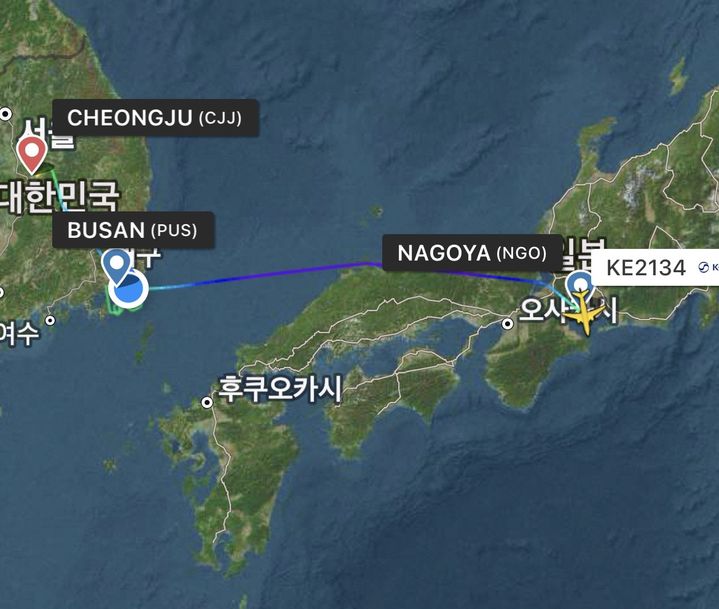 [부산=뉴시스] 대한항공 KE2134편 항적도. (사진=플라이트레이더24 갈무리) 2026.05.20. photo@newsis.com *재판매 및 DB 금지