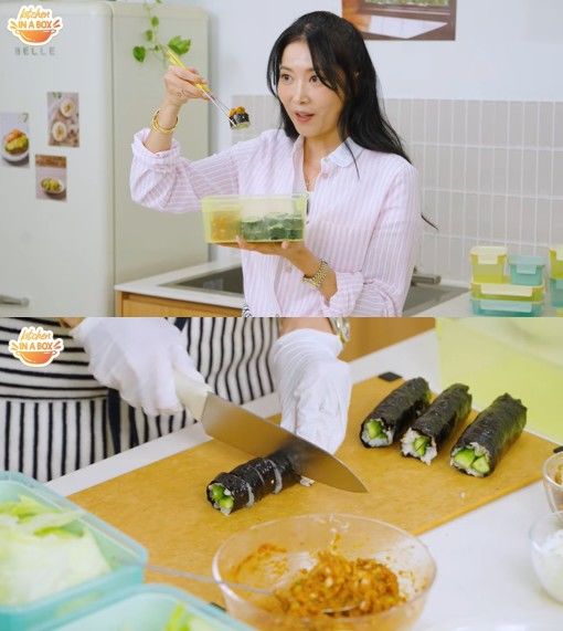 [서울=뉴시스] 배우 오윤아가 미니 오이를 활용한 오이김밥을 직접 조리하고 시식하는 모습을 선보이고 있다. (사진 출처=유튜브 채널'키친인어박스' 캡처)