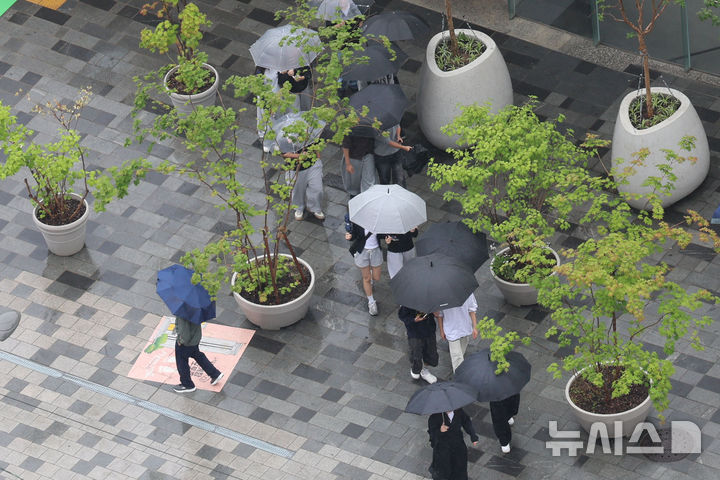 [서울=뉴시스] 권창회 기자 = 비가 내리는 지난 20일 서울 중구 서울시청 인근에서 우산을 쓴 시민들이 우산을 쓰고 이동하고 있다. 2026.05.20. kch0523@newsis.com