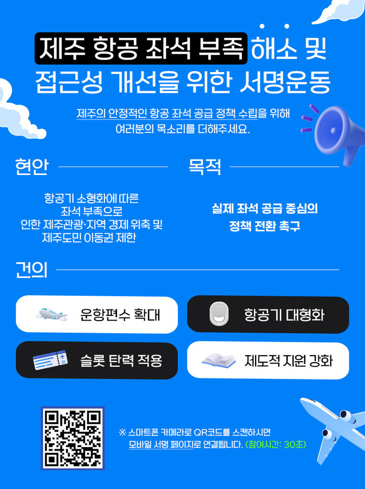 [제주=뉴시스] 제주 항공 좌석 부족 해소 및 접근성 개선 취지문 및 서명부 홍보 포스터. (사진=제주관광협회 제공) 2026.05.21. photo@newsis.com *재판매 및 DB 금지
