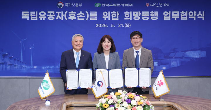 [세종=뉴시스] 한국수력원자력은 21일 서울 한수원 방사선보건원에서 국가보훈부, 사단법인 따뜻한 하루와 '독립유공자(후손)를 위한 희망동행' 사업 업무협약을 체결했다고 밝혔다. *재판매 및 DB 금지
